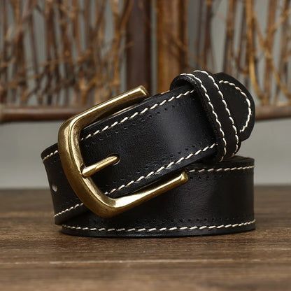 3.8CM Pure Cowhide High Quality Genuine Leather Belts for Men Korean Version Strap Male Brass Buckle Fancy Vintage Jeans Cowboy