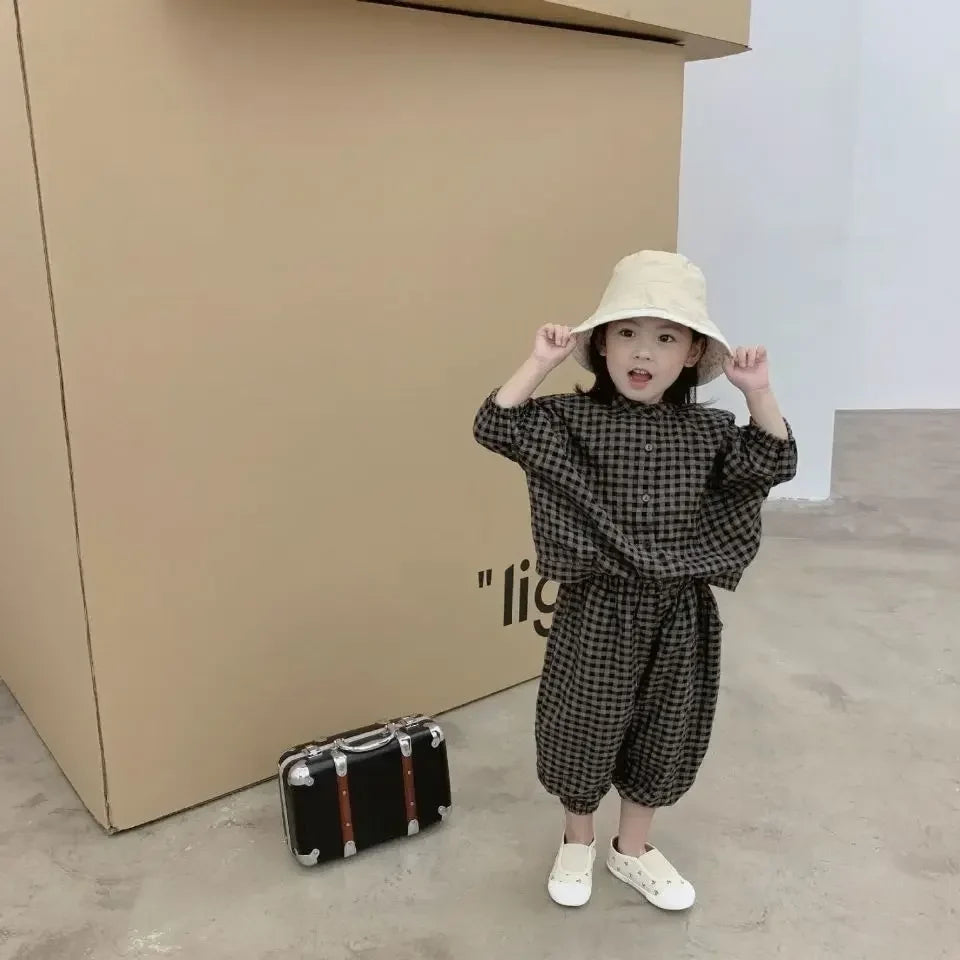 Kid Girls Korean Style Cotton Linen Suits Spring Autumn 2026 New Summer Baby Girl Fashion Casual Plaid 7-point Sleeve 2pcs Sets