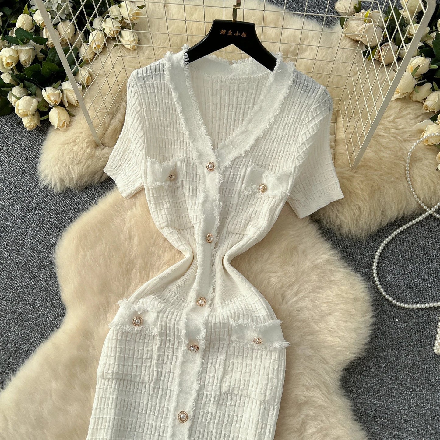 High Quality Elastic Knitted Long Sundress Women Short Sleeves Button Design Office Lady Vintage Split Slim Dress