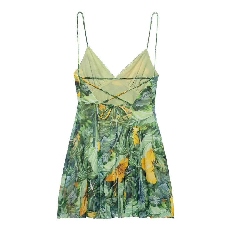 2025 Summer New collection Women's vacation Style printed silk mesh sexy V-neck halter short Dress Hot Girl Dress