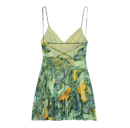 2025 Summer New collection Women's vacation Style printed silk mesh sexy V-neck halter short Dress Hot Girl Dress