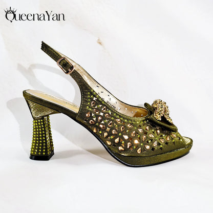 New Italian Design Open Toe Women High Heels for 2025 Elegant Party Wine Color Diamond Pumps Shoes and Bags Matching Set