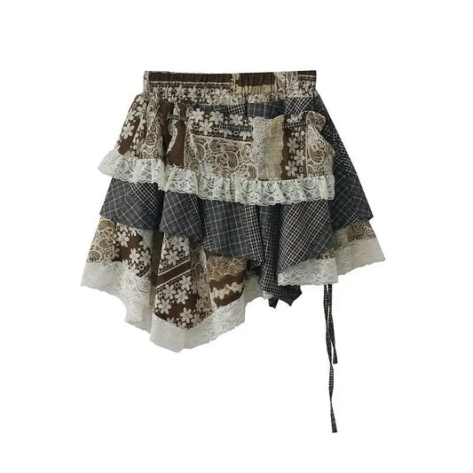 Women Korean Vintage Mini Skirt Summer Japanese Y2k Harajuku Patchwork Irregular A-line Skirt Elegatn Fashion Short Skirt New