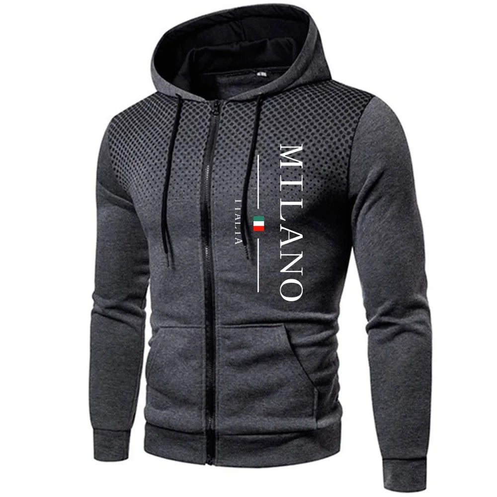 Italy Milan Print Men's Zip-up Hooded Outwear Fall Winter Male Daily Casual Sporty Jogging Hoodie Outdoor Motorcycle Riding Coat