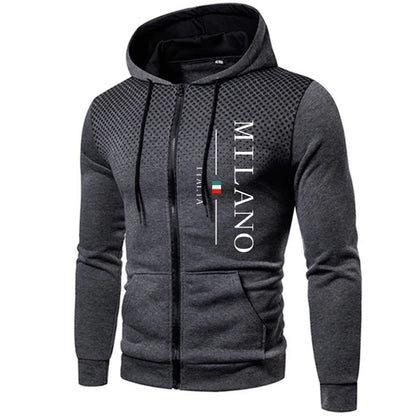 Italy Milan Print Men's Zip-up Hooded Outwear Fall Winter Male Daily Casual Sporty Jogging Hoodie Outdoor Motorcycle Riding Coat