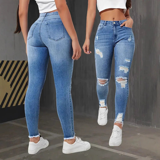 Fashion Skinny Hole Jeans Women 2025 Autumn Stretchy High Waisted Ripped Slim Retro Solid Color Denim Trousers Pants