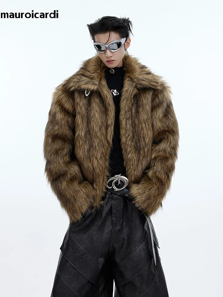 Winter Short Thick Warm Brown Hairy Soft Faux Fur Coat Men with Turn-down Collar Long Sleeve Fluffy Jackets 2024