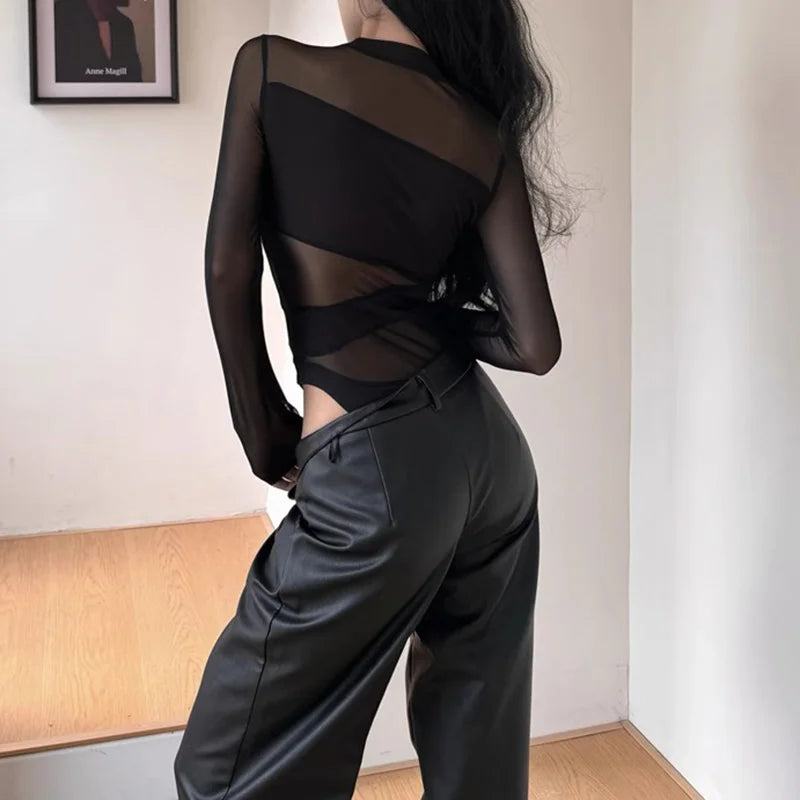 Sexy Perspective Y2k Clothing Hollow Out Bodysuits Mesh Sheer Top Women Long Sleeve Patchwork Bodysuit Black
