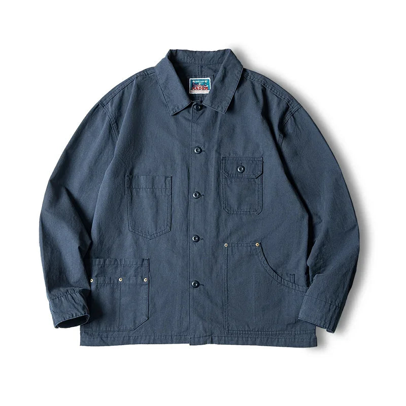 Navy  Drop Shoulder Jacket Men Turn-down Collar Hunting Tops Multi-Pocket Coat Men's Spring and Autumn Workwear Jacket