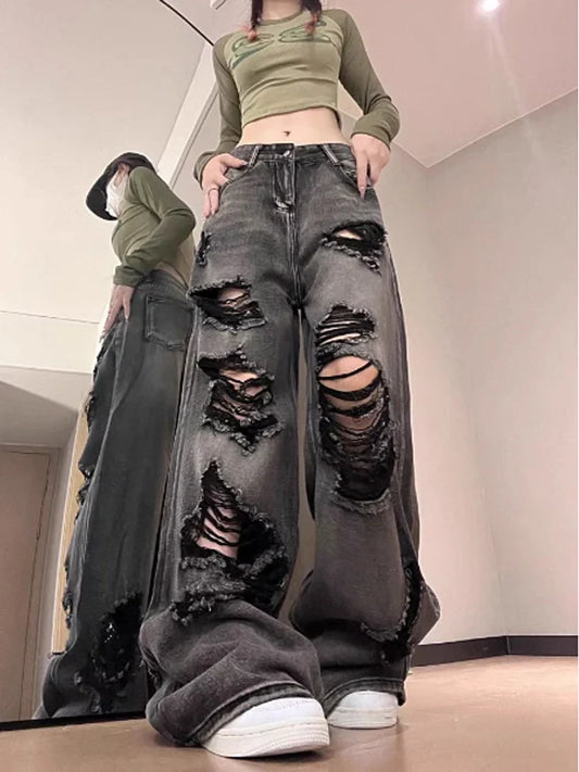 Women's Ripped Jeans Baggy Vintage Aesthetic Streetwear Cowboy Pants Harajuku Oversize Denim Trousers Y2k 2000s Trashy Clothes