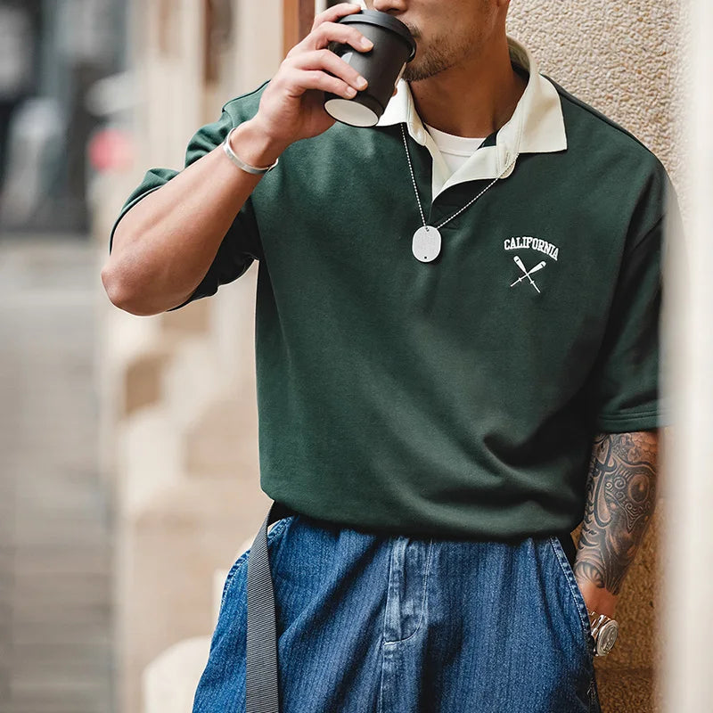 Contrasting Color Short Sleeve T-shirts for Men Summer Green Loose Fit Polo Shirt Casual Embroidery Tee Tops for Daily