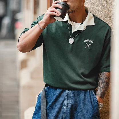 Contrasting Color Short Sleeve T-shirts for Men Summer Green Loose Fit Polo Shirt Casual Embroidery Tee Tops for Daily
