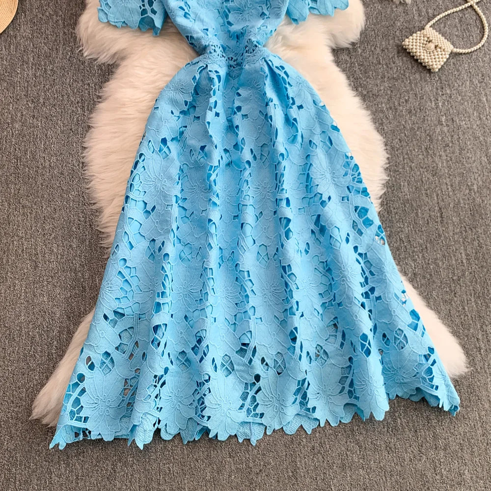 Ele Summer Lace round Ne Dr Women's High Waist Slimming Long Skirt Korean Sle Commute High Softn Regular Sve