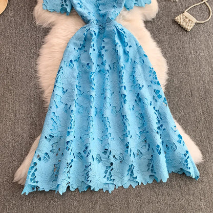 Ele Summer Lace round Ne Dr Women's High Waist Slimming Long Skirt Korean Sle Commute High Softn Regular Sve