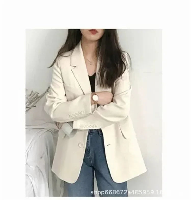 Elegant Casual Loose Long Sleeve Women's Small Suit Jacket Korean Style Spring Autumn Chic Polyester Fiber Button Decoration