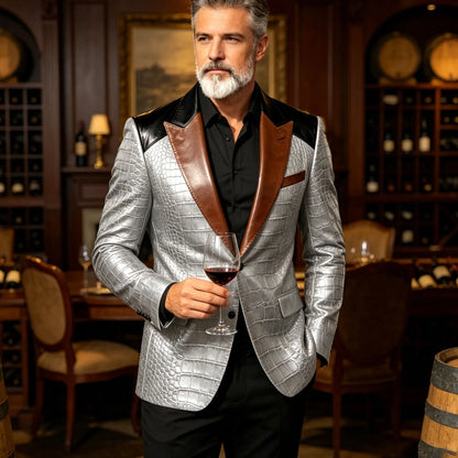 Men's Crocodile Embossed Leather Blazer Luxury Patchwork PU Leather Suit Jacket Slim Fit Peaked Lapel Casual Business Outerwear