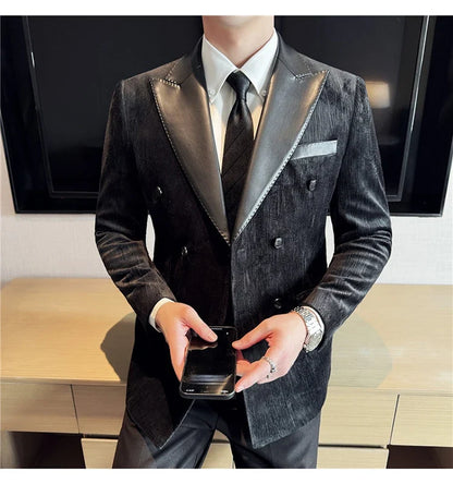 British Style Luxury Men Double Breasted Suit Jacket High Quality Fashion PU Leather Neck Spliced Coats Groom Social Party Dress