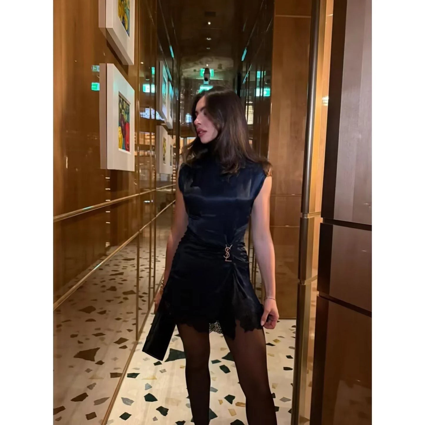 Satin dresses women's clothing fashion back zip hem lace patchwork slit sexy nightclub mini dress chic French Evening
