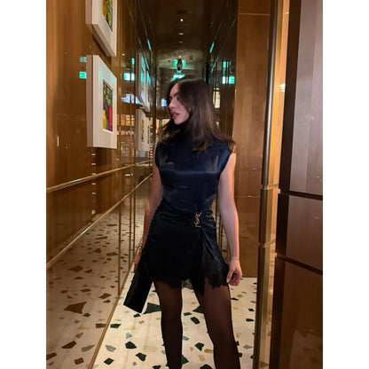 Satin dresses women's clothing fashion back zip hem lace patchwork slit sexy nightclub mini dress chic French Evening