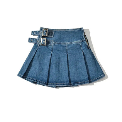2025 Summer New TARUXY Denim Y2k Skirt with Pleats and Belt 90s E-girl Korean Skirts For Women High Street Jeans Short Bottom
