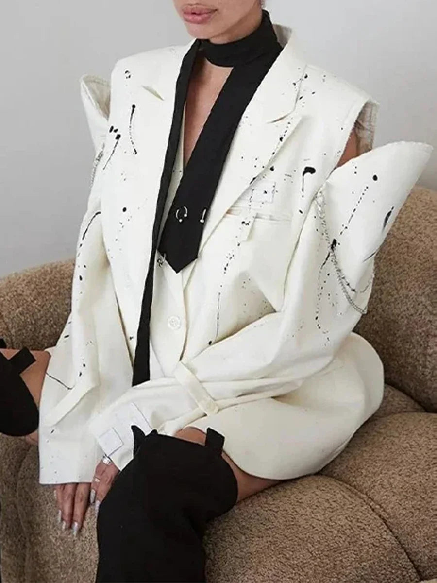 Ink Splashing Print Fashion Blazer for Women Notched Collar Long Sleeve Hollow Out Design Loose Coat Female Autumn