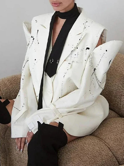 Ink Splashing Print Fashion Blazer for Women Notched Collar Long Sleeve Hollow Out Design Loose Coat Female Autumn