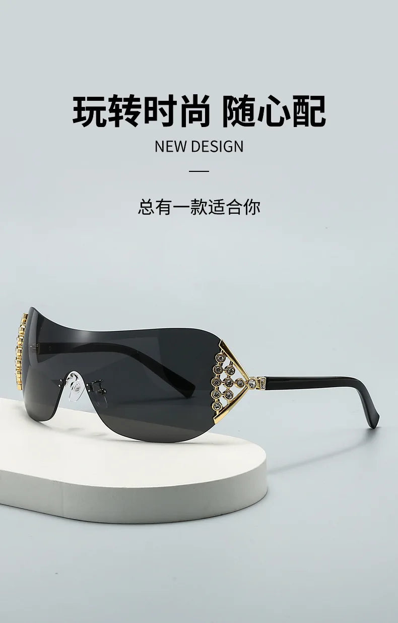 2025 New Ins Diamond Sunglasses Women One-piece Lenses Fan-shaped Sun Glasses Ladies Y2K Trendy Rimless Alloy Legs Punk UV400