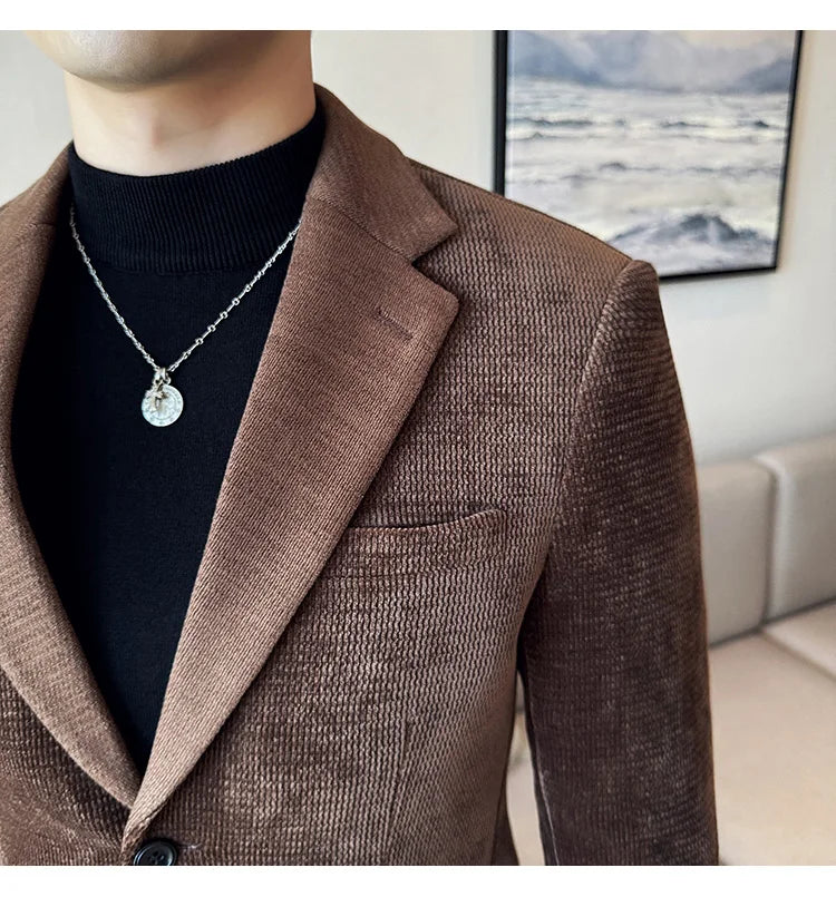 Autumn Winter Fashion Seaweed Pattern Suit Jacket High Quality Luxury Slim Fit Casual Men's Blazers Coats Social Prom Tuxedo