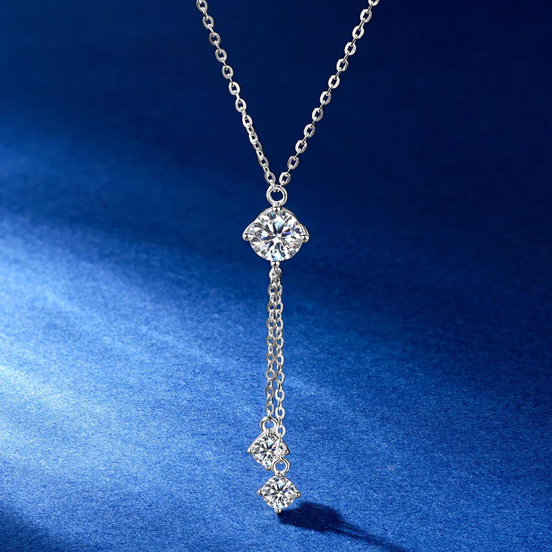 Full Round Cut Moissanite Tassel Chains Pendant Necklaces for Women Real S925 Sterling Silver Fine Jewelry Gifts Collar