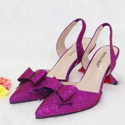 Bridal High Heels for Women 2023 Pointed Toe With Bows Gold Color Rhinestone  Elegant Party Wedding Shoe and Bag Set