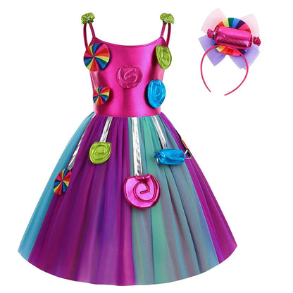 2025 Purim Festival Suspender Rainbow Dress For Girl Candy Lollipop Costume Party Gift Candy Dress + Lollipop Accessories Suit