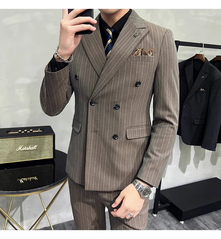 2025 High-quality Korean Version Slim-fit Business (Suit + Vest + Trousers) Striped Double-breasted Suit Three-piece Set