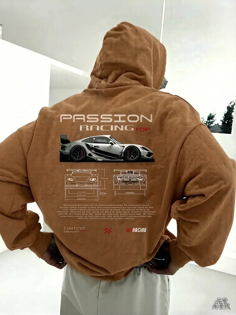 2025 Popular Digital Pattern Men's Hooded Sweatshirt Car-Themed Design American-Style Casual Sports Long-Sleeved Shirt