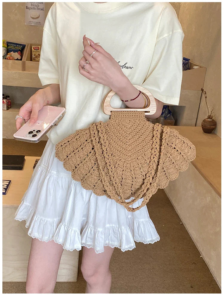 2026 New Retro Fan-shaped Crochet Woven Underarm Bag for Women Ins Style Seaside Vacation Versatile Wooden Handle Shoulder Bag