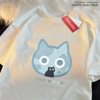 The Moon Blue Cat Fun Japanese Style Men Women T-Shirts Cotton Oversized Short Sleeve Shirt Loose T-Shirt Breathable Casual Tops
