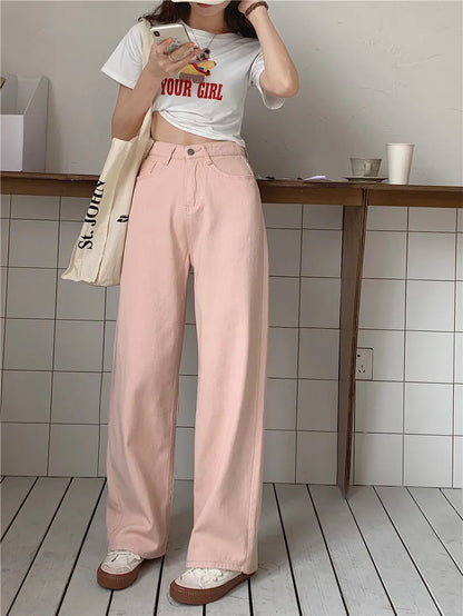 Korean Sle Simple Pure Color Wide Leg Jeans Pants for Women Summer Season Fall Collection Faion Ladies Premium Denim