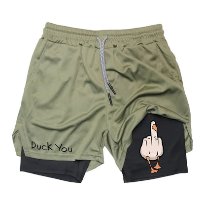 Cartoon Duck Print Men's Shorts Summer Double Layer Letter Print  Quick Drying Pants Fitness Tracksuit Beach Short Pants