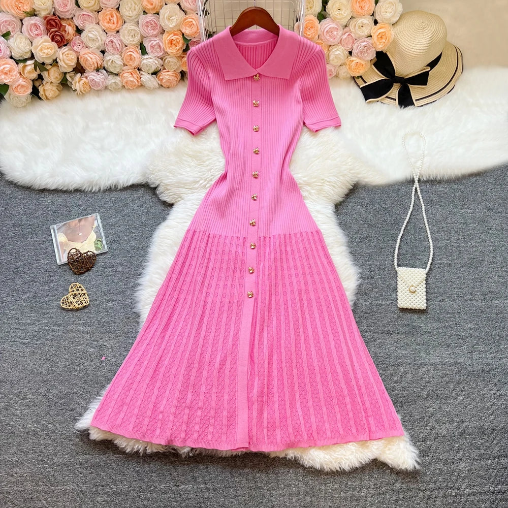 Brand Fashion Elegant Patchwork Knitted Long Dress Spring Summer Women Luxury Shirt Sweater Dress Lady Party Vestido