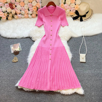 Brand Fashion Elegant Patchwork Knitted Long Dress Spring Summer Women Luxury Shirt Sweater Dress Lady Party Vestido