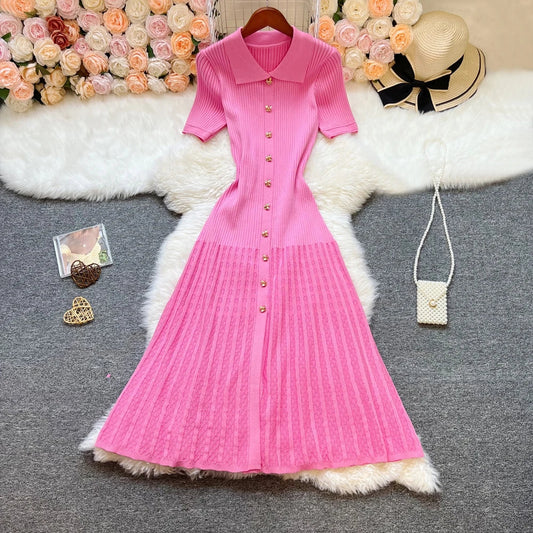 Brand Fashion Elegant Patchwork Knitted Long Dress Spring Summer Women Luxury Shirt Sweater Dress Lady Party Vestido