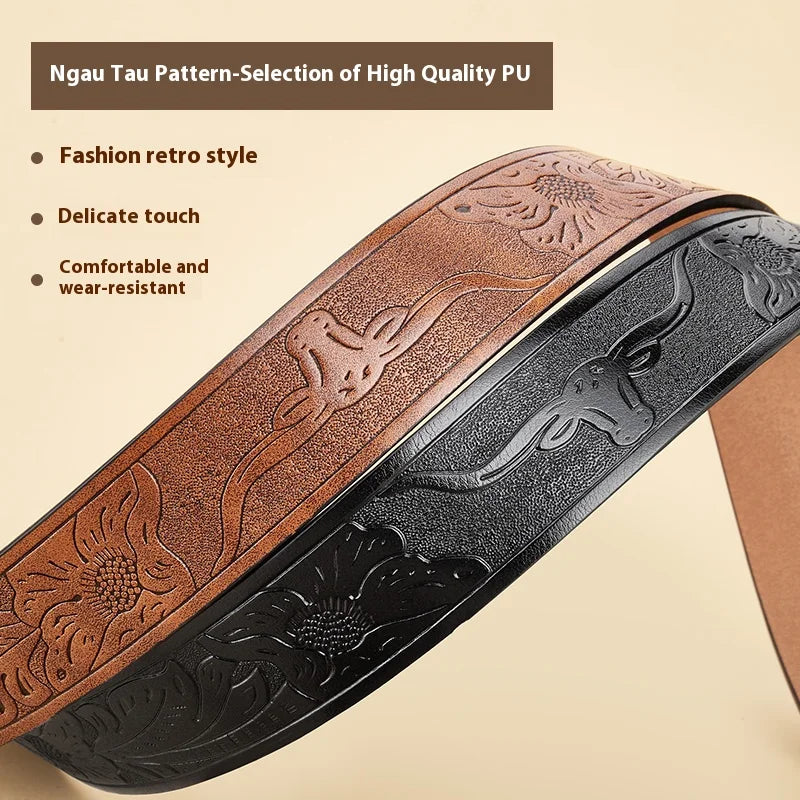 Western Cowboy PU Leather Belt - Men Waist Strap Bull Decoration Floral Engraved for Jeans