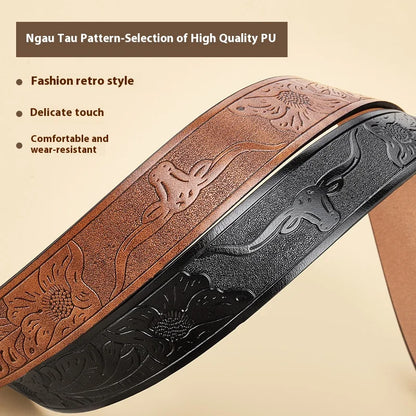 Western Cowboy PU Leather Belt - Men Waist Strap Bull Decoration Floral Engraved for Jeans