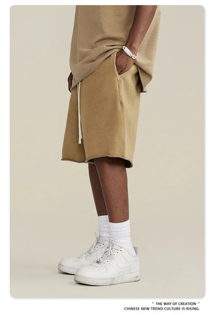 New Summer Men Retro Washed Shorts Unisex Drawstring Loose Edge 420gsm Solid Knee Length Cotton Pants Streetwears HY0589