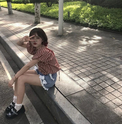 Kawaii Bow Denim Shorts Women Japanese Lace Patchwork Baggy Jean Shorts Summer Y2K Harajuku High Waist Wide Leg Short Pants New