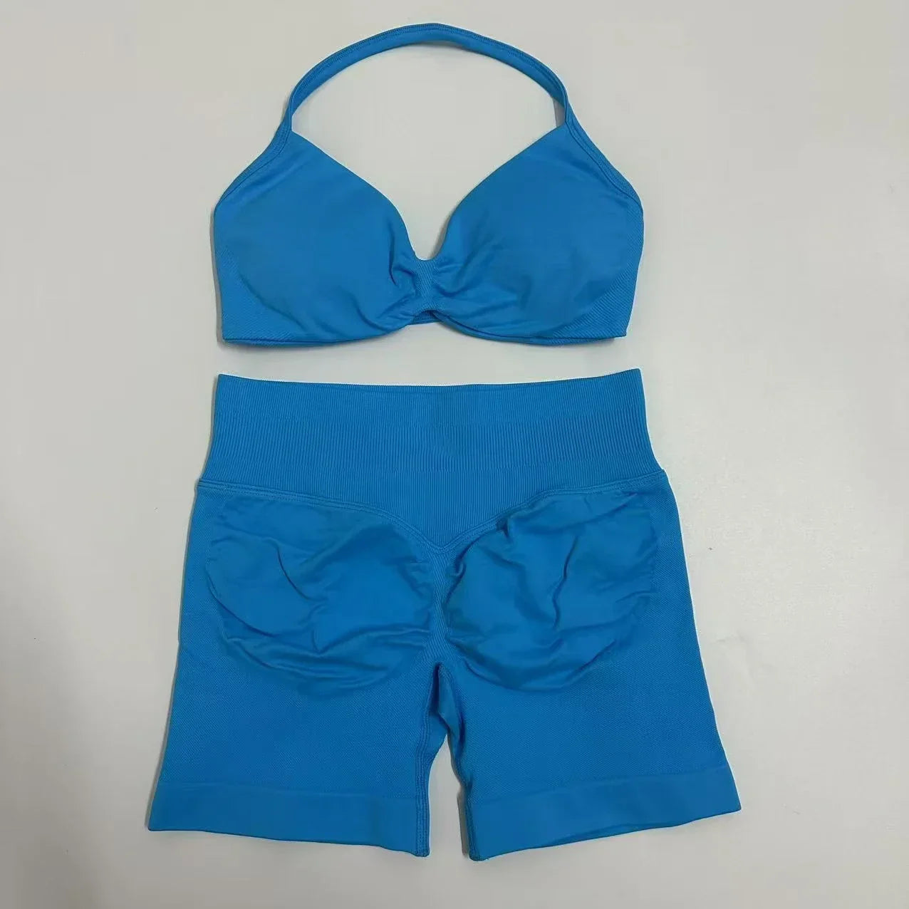 Yoga Gym Set Women Seamless Strappy Yoga Bra Top High Waist Workout Scrunch Shorts Sports Set Fitness Clothes Sportswear