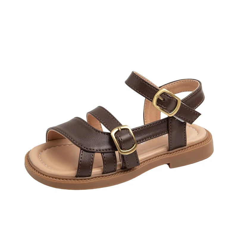 Girls Roman Sandals Open Toe Little Kids Leather Sandals with Buckle Open Toe Children Summer Beach Shoes Non-Slip Soft Sole