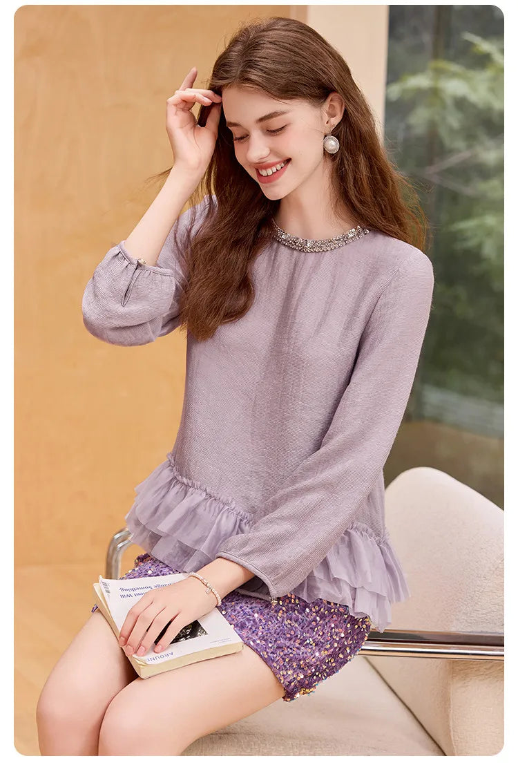 Lace Women's Blouses 2025 Autumn New Sweet Long Sleeve Shirt Top Round Neck Pullover Patchwork Pleated Elegant Shirt