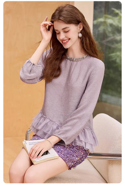 Lace Women's Blouses 2025 Autumn New Sweet Long Sleeve Shirt Top Round Neck Pullover Patchwork Pleated Elegant Shirt