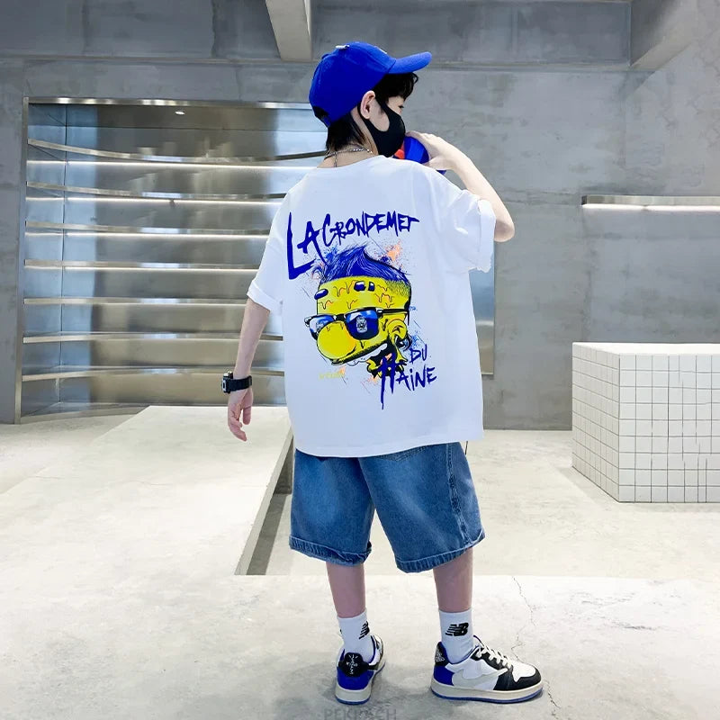 Boys New Summer Clothing Set Kids Short Sleeve T-shirt + Denim Shorts 2pc Sports Outfits for Kids Child Casual Cartoon Tracksuit