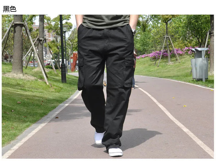 Spring Men cargo cotton pants pocket large size big 8XL 10XL 9XL 140KG loose out door casual safari style pants black 46 48 50